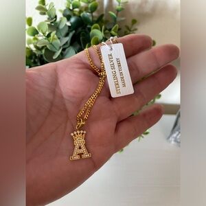 Brand New Beautiful Gold over Sterling Silver Letter A crown Pendant Necklace